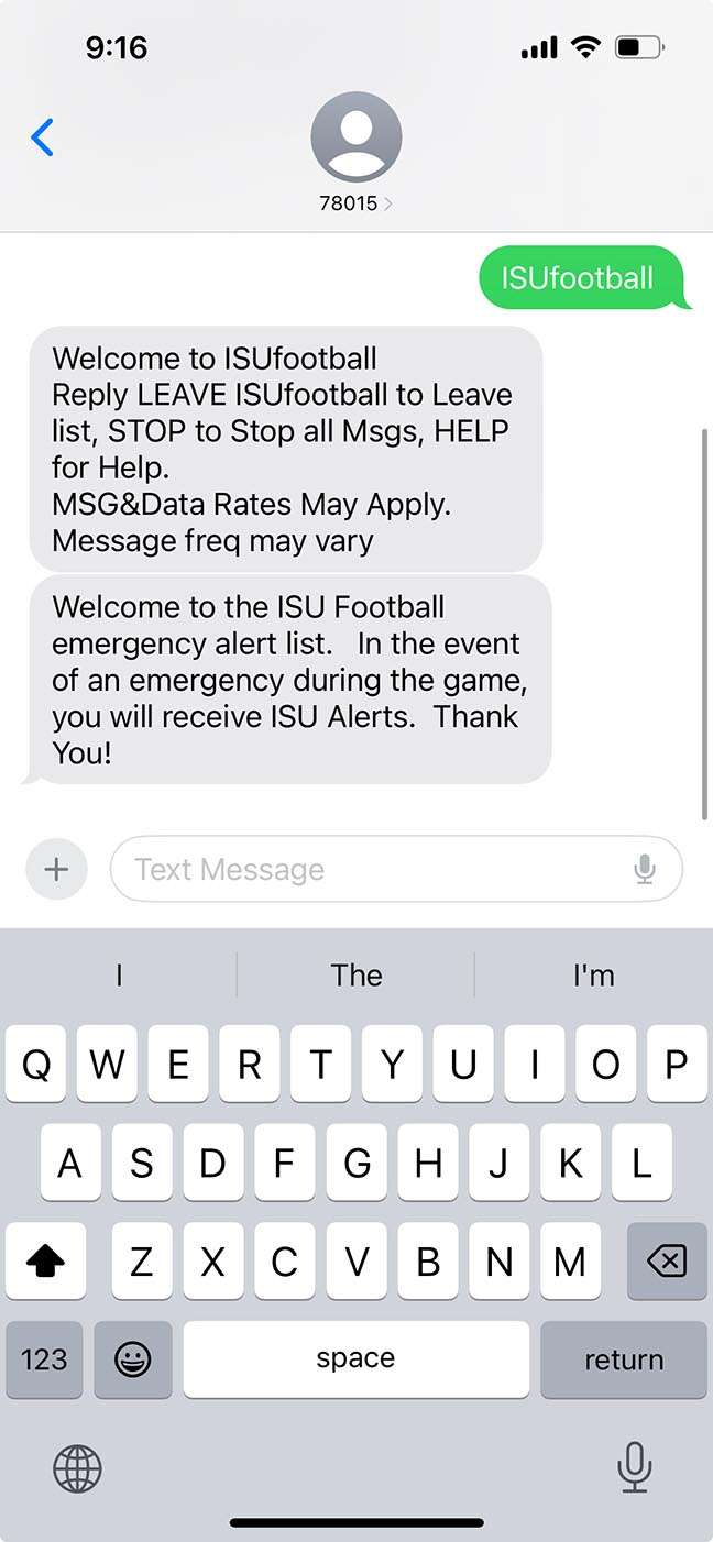 Screenshot of ISUAlert game day opt-in text message.